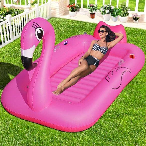 Flamingo Inflatable Tanning Pool Lounger Float, 2025 Large Pink Sunbathing Pool - Picture 1 of 8
